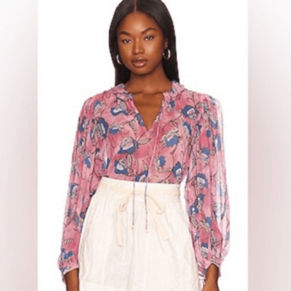 CLEOBELLA EMILY LOTUS PRINTED CHIFFON TIE NECK PINK BLOUSE SIZE MEDIUM - Picture 3 of 14